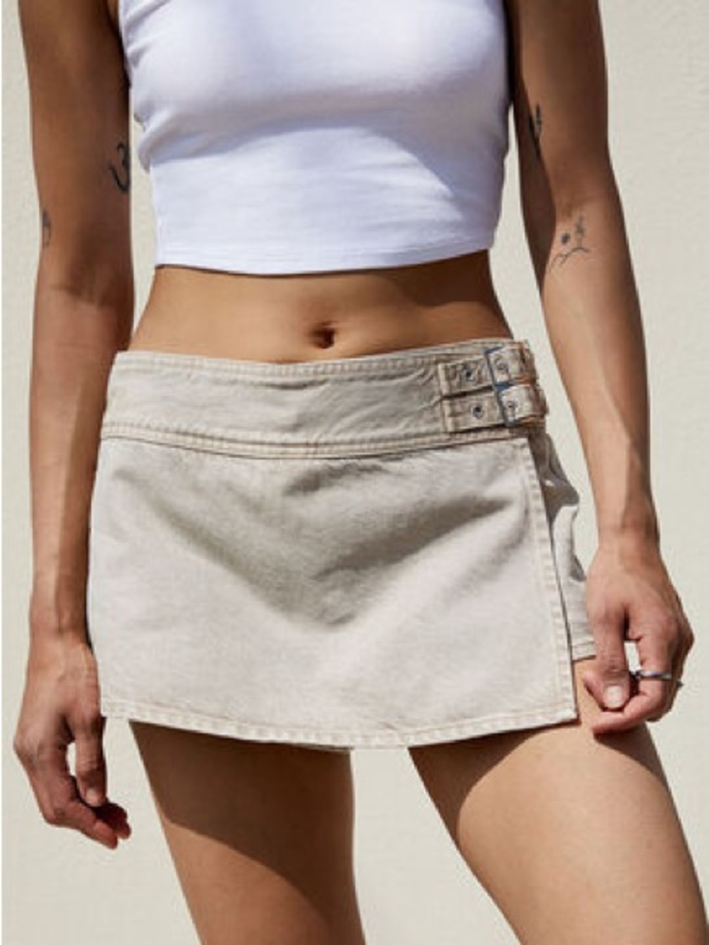 PacSun Beige Denim Mini Skort with Buckle Accents